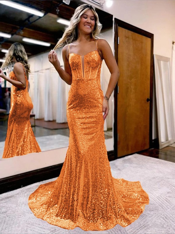 Trumpet/Mermaid Sequins Sweetheart Sleeveless Court Train Corset Prom Dress