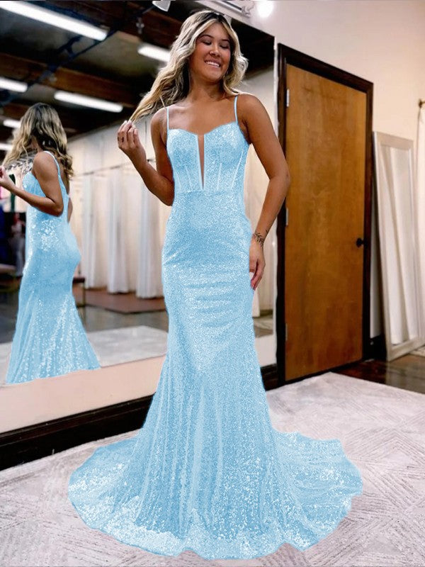 Trumpet/Mermaid Sequins Sweetheart Sleeveless Court Train Corset Prom Dress