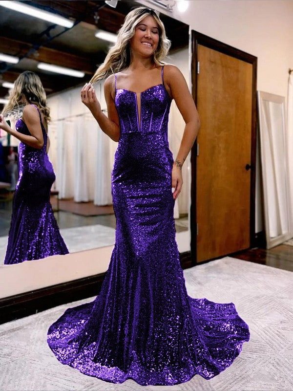 Trumpet/Mermaid Sequins Sweetheart Sleeveless Court Train Corset Prom Dress