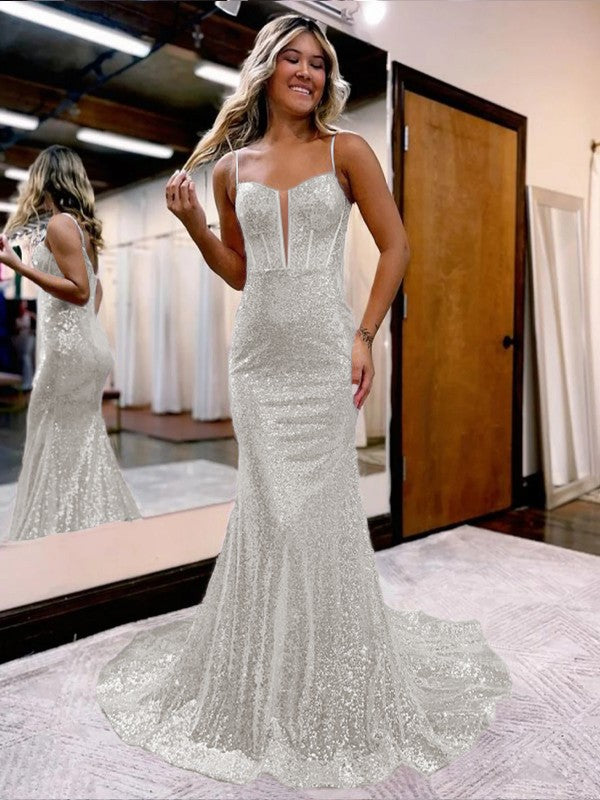 Trumpet/Mermaid Sequins Sweetheart Sleeveless Court Train Corset Prom Dress