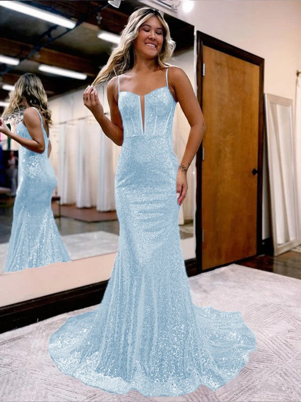 Trumpet/Mermaid Sequins Sweetheart Sleeveless Court Train Corset Prom Dress