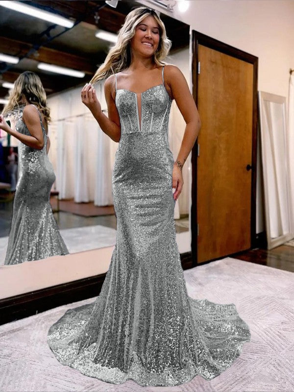 Trumpet/Mermaid Sequins Sweetheart Sleeveless Court Train Corset Prom Dress
