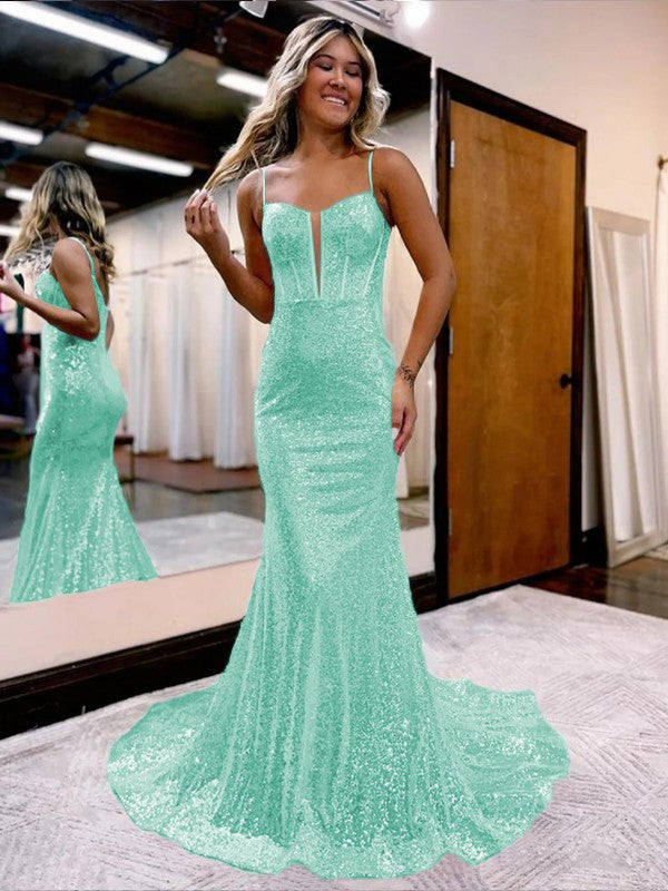 Trumpet/Mermaid Sequins Sweetheart Sleeveless Court Train Corset Prom Dress