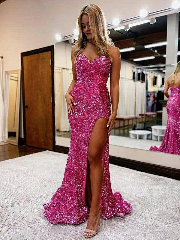 A-Line/Princess Velvet Sequins Sweetheart Sleeveless Court Train Prom Dress