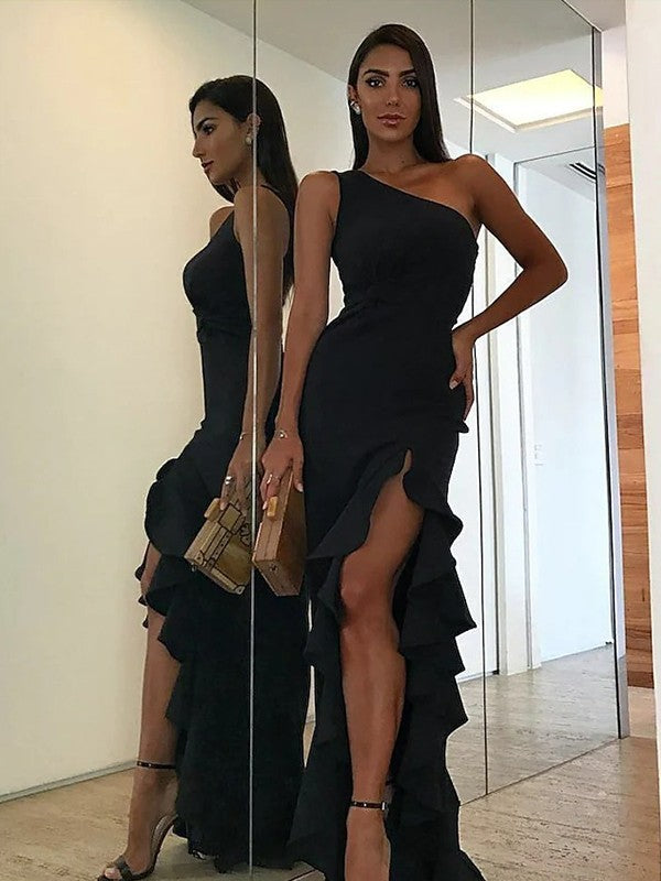Trumpet/Mermaid Stretch Crepe Ruched One-Shoulder Sleeveless Floor-Length Prom Dress