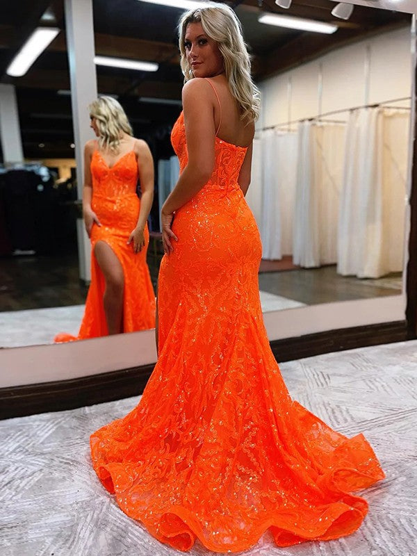 A-Line/Princess Sequin Sweetheart Sleeveless Court Train Corset Prom Dress