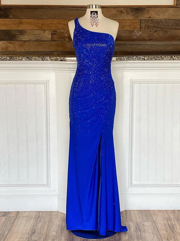 Sheath/Column Jersey Sequin One-Shoulder Sleeveless Sweep/Brush Train Prom Dress
