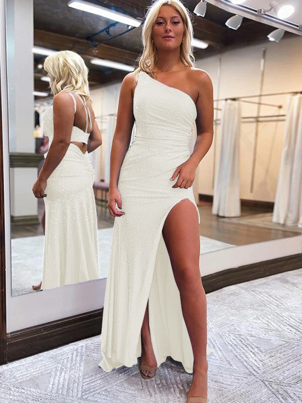 Sheath/Column Jersey Sequin One-Shoulder Sleeveless Sweep/Brush Train Prom Dress