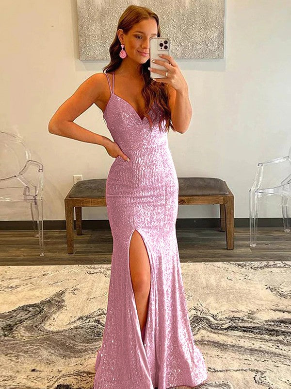 Sheath/Column Spaghetti Straps Sleeveless Sweep/Brush Train Prom Dress