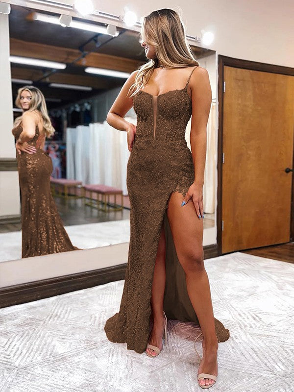 Sheath/Column Sequins Spaghetti Straps Sleeveless Sweep/Brush Train Corset Prom Dress