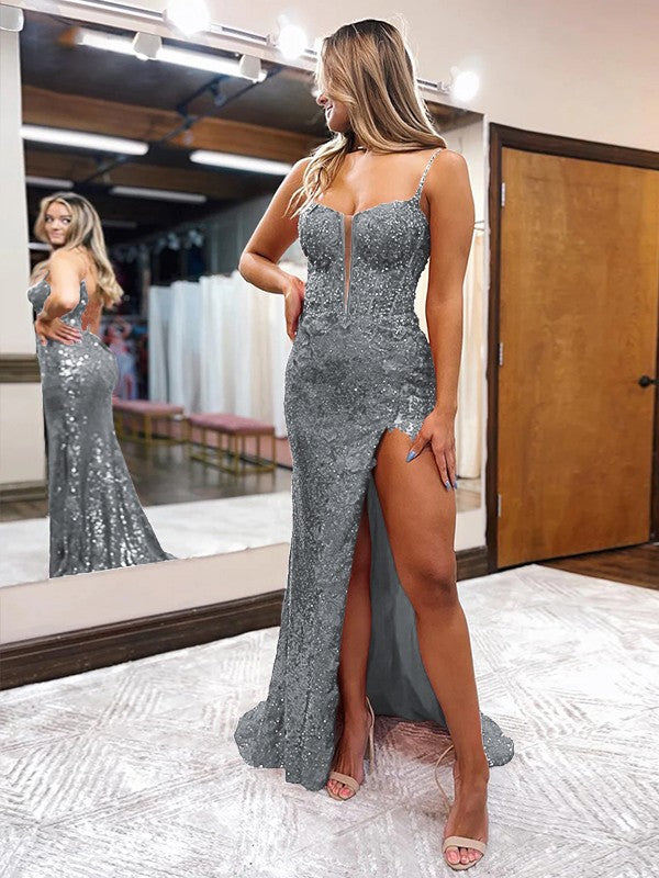 Sheath/Column Sequins Spaghetti Straps Sleeveless Sweep/Brush Train Corset Prom Dress