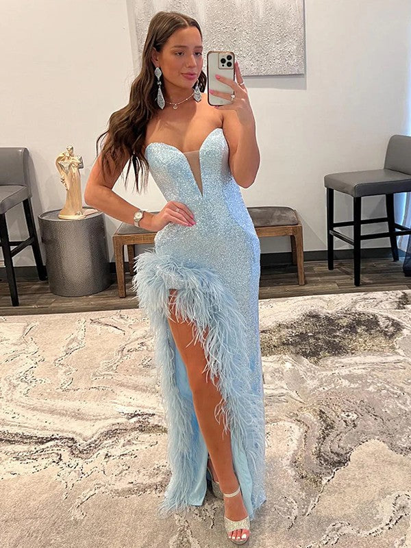 Sheath/Column Sequins Feathers/Fur Sweetheart Sleeveless Floor-Length Prom Dress