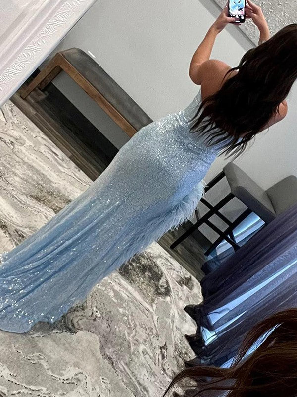 Sheath/Column Sequins Feathers/Fur Sweetheart Sleeveless Floor-Length Prom Dress