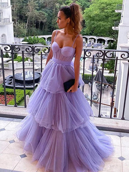 A-Line/Princess Tulle Spaghetti Straps Sleeveless Floor-Length Corset Prom Dress