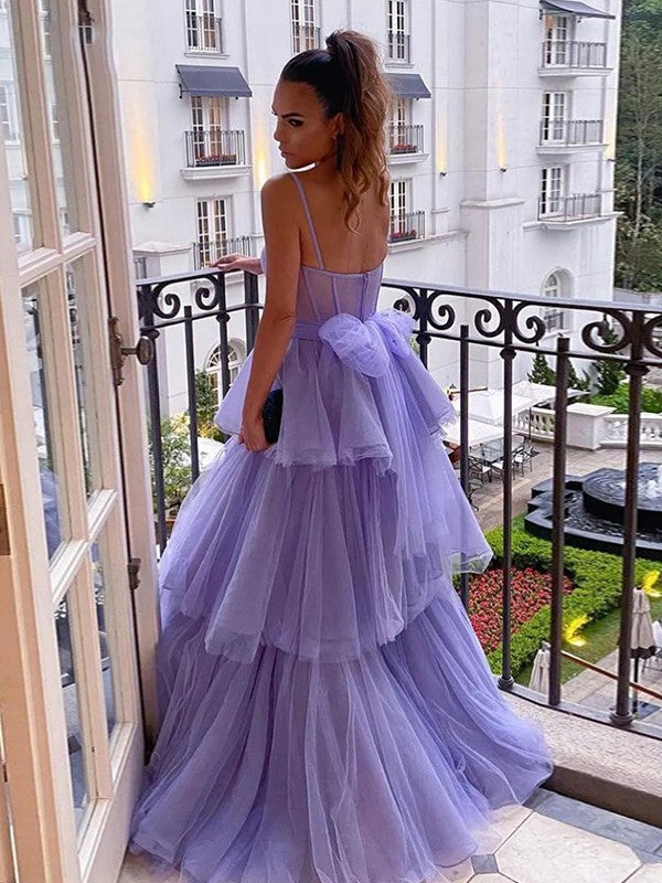 A-Line/Princess Tulle Spaghetti Straps Sleeveless Floor-Length Corset Prom Dress