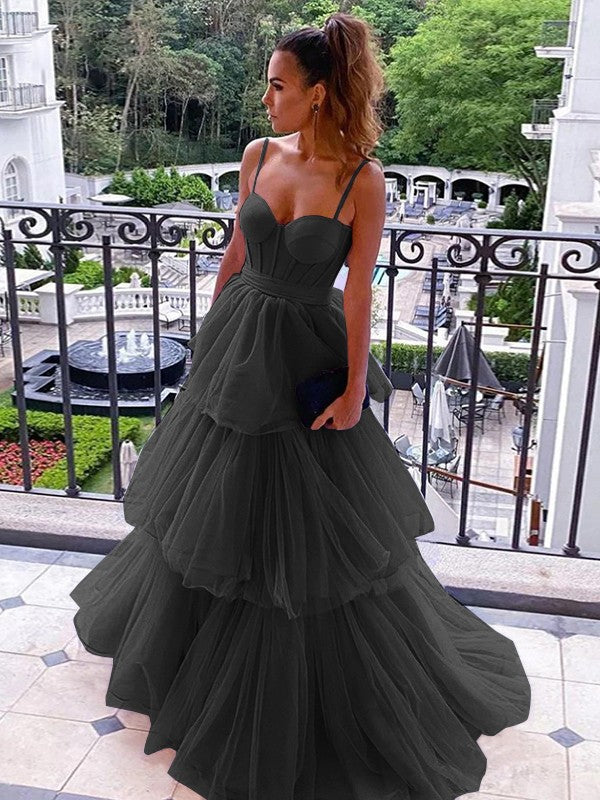 A-Line/Princess Tulle Spaghetti Straps Sleeveless Floor-Length Corset Prom Dress