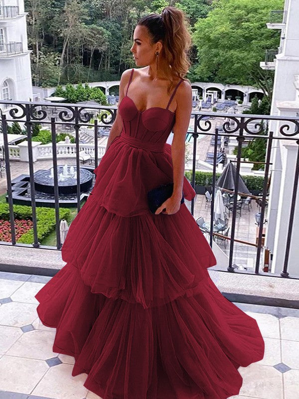 A-Line/Princess Tulle Spaghetti Straps Sleeveless Floor-Length Corset Prom Dress