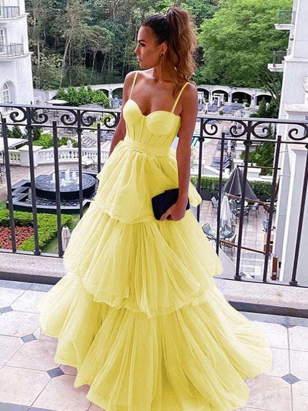A-Line/Princess Tulle Spaghetti Straps Sleeveless Floor-Length Corset Prom Dress