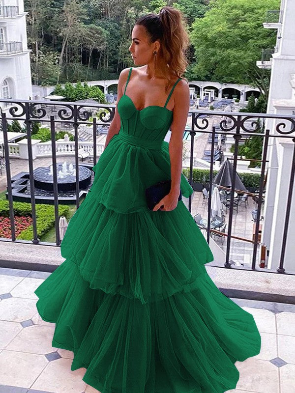 A-Line/Princess Tulle Spaghetti Straps Sleeveless Floor-Length Corset Prom Dress