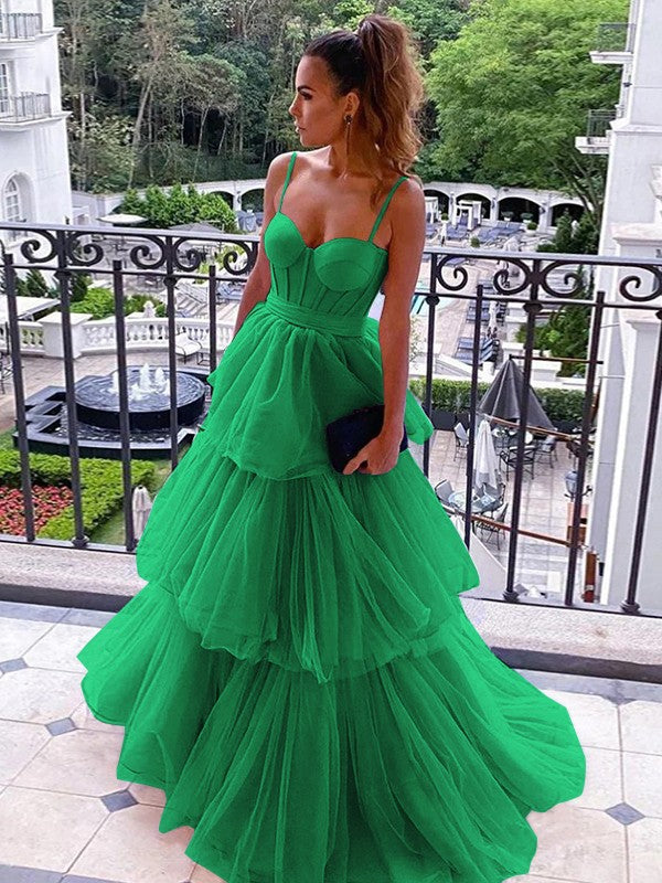 A-Line/Princess Tulle Spaghetti Straps Sleeveless Floor-Length Corset Prom Dress