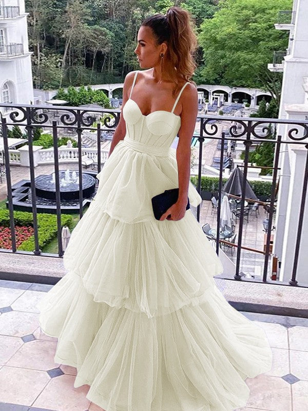 A-Line/Princess Tulle Spaghetti Straps Sleeveless Floor-Length Corset Prom Dress
