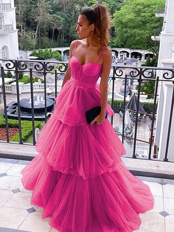 A-Line/Princess Tulle Spaghetti Straps Sleeveless Floor-Length Corset Prom Dress