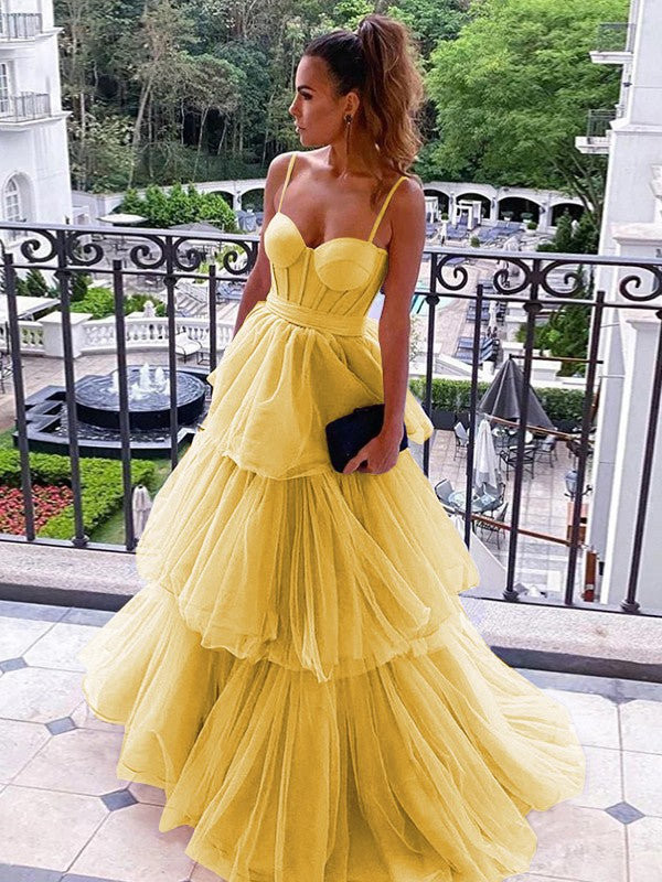 A-Line/Princess Tulle Spaghetti Straps Sleeveless Floor-Length Corset Prom Dress