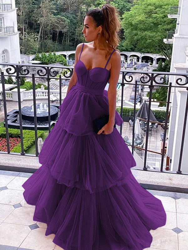 A-Line/Princess Tulle Spaghetti Straps Sleeveless Floor-Length Corset Prom Dress