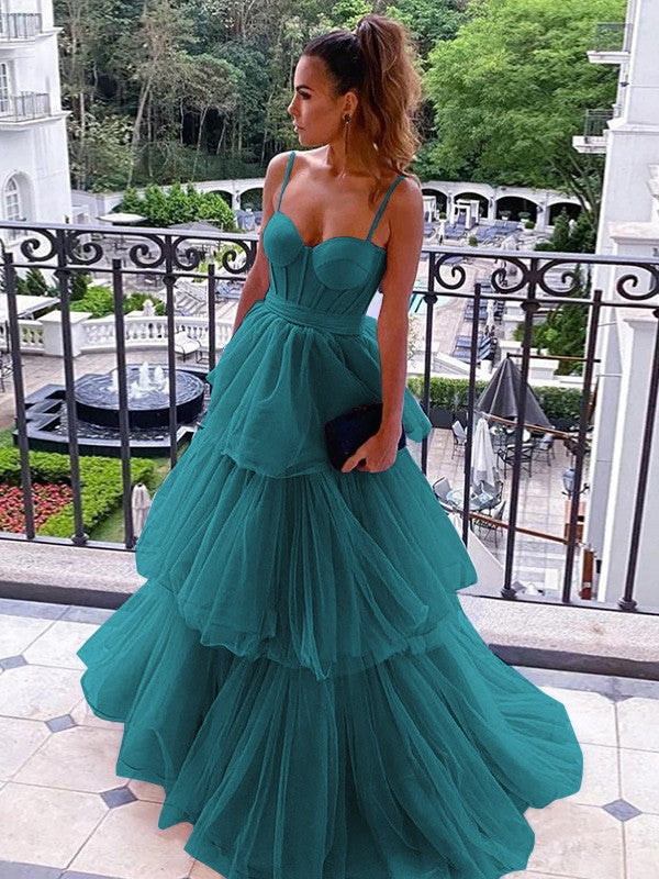 A-Line/Princess Tulle Spaghetti Straps Sleeveless Floor-Length Corset Prom Dress