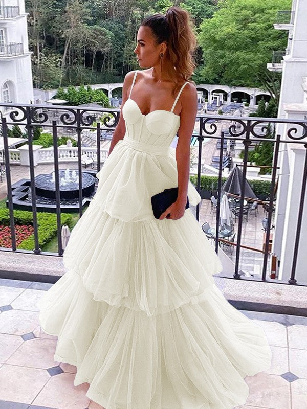 A-Line/Princess Tulle Spaghetti Straps Sleeveless Floor-Length Corset Prom Dress