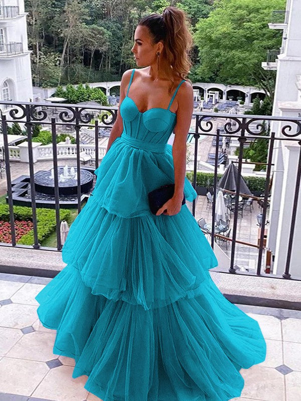 A-Line/Princess Tulle Spaghetti Straps Sleeveless Floor-Length Corset Prom Dress