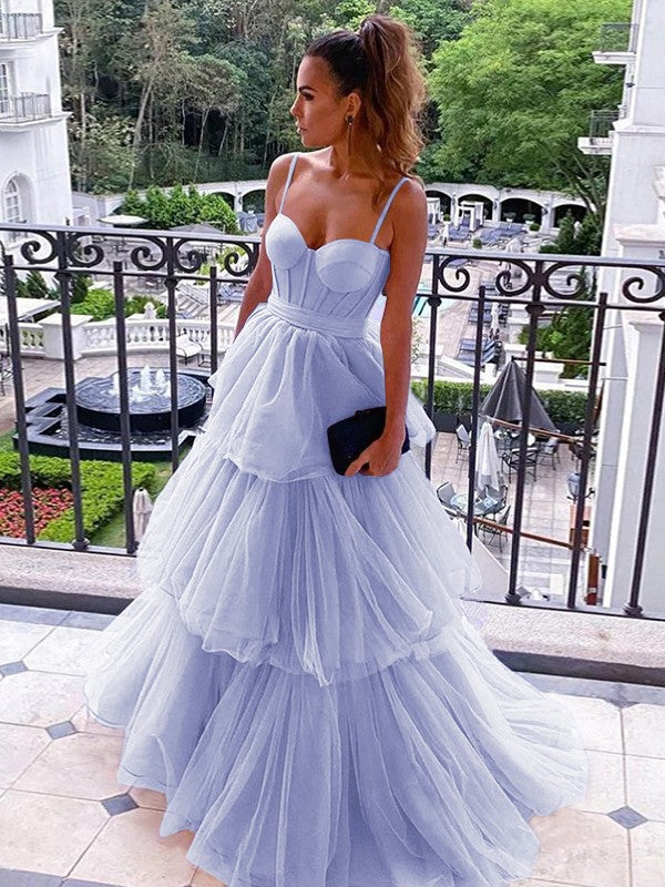 A-Line/Princess Tulle Spaghetti Straps Sleeveless Floor-Length Corset Prom Dress