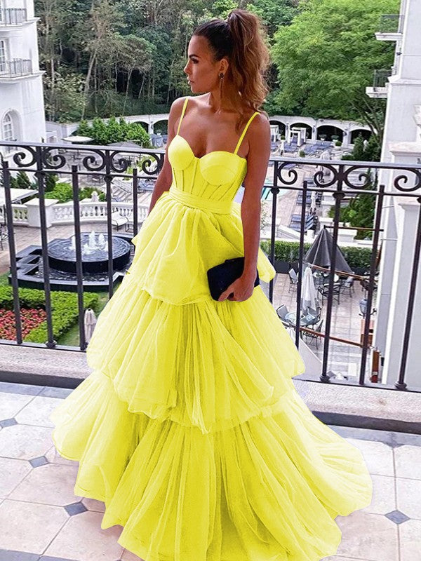 A-Line/Princess Tulle Spaghetti Straps Sleeveless Floor-Length Corset Prom Dress