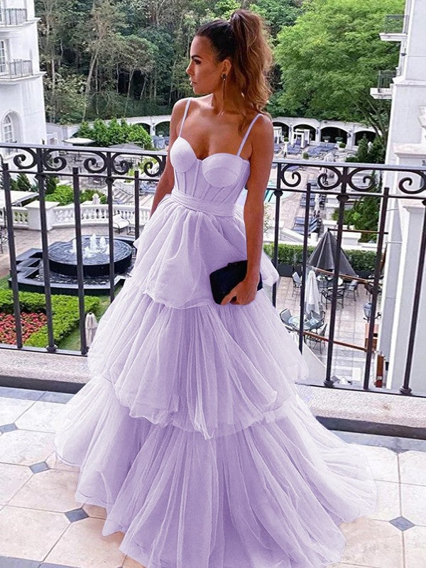 A-Line/Princess Tulle Spaghetti Straps Sleeveless Floor-Length Corset Prom Dress