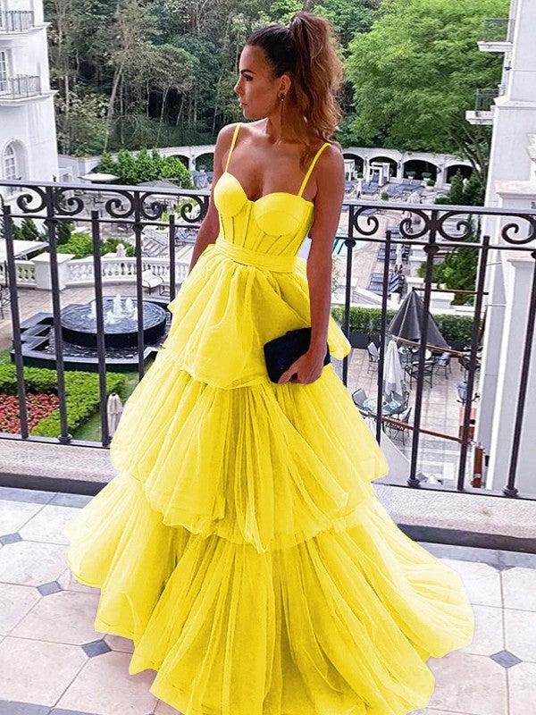 A-Line/Princess Tulle Spaghetti Straps Sleeveless Floor-Length Corset Prom Dress