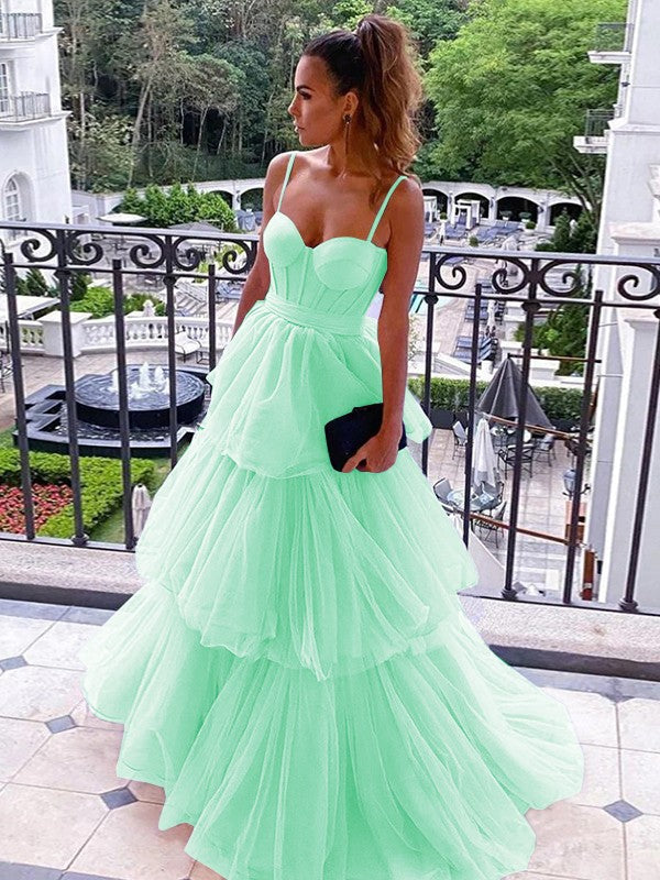 A-Line/Princess Tulle Spaghetti Straps Sleeveless Floor-Length Corset Prom Dress
