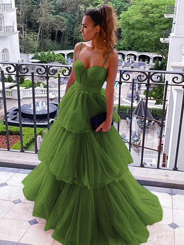 A-Line/Princess Tulle Spaghetti Straps Sleeveless Floor-Length Corset Prom Dress
