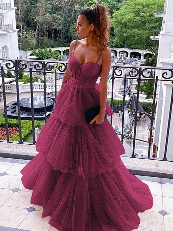 A-Line/Princess Tulle Spaghetti Straps Sleeveless Floor-Length Corset Prom Dress