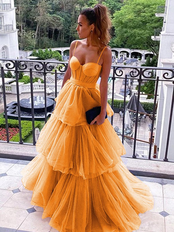 A-Line/Princess Tulle Spaghetti Straps Sleeveless Floor-Length Corset Prom Dress