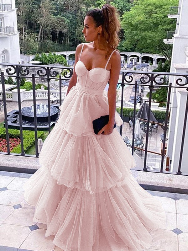 A-Line/Princess Tulle Spaghetti Straps Sleeveless Floor-Length Corset Prom Dress