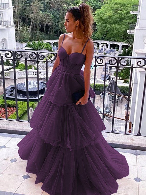 A-Line/Princess Tulle Spaghetti Straps Sleeveless Floor-Length Corset Prom Dress