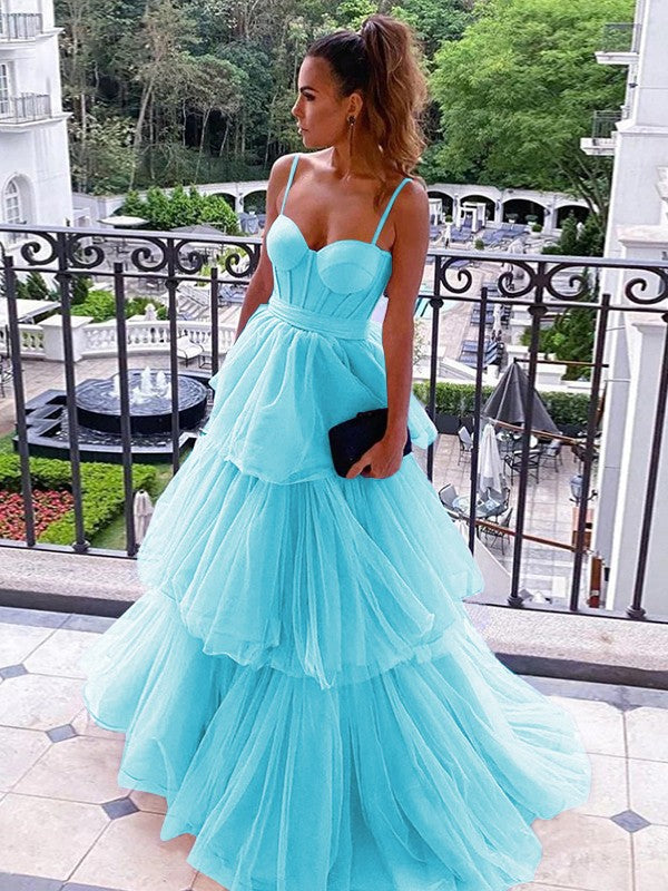 A-Line/Princess Tulle Spaghetti Straps Sleeveless Floor-Length Corset Prom Dress
