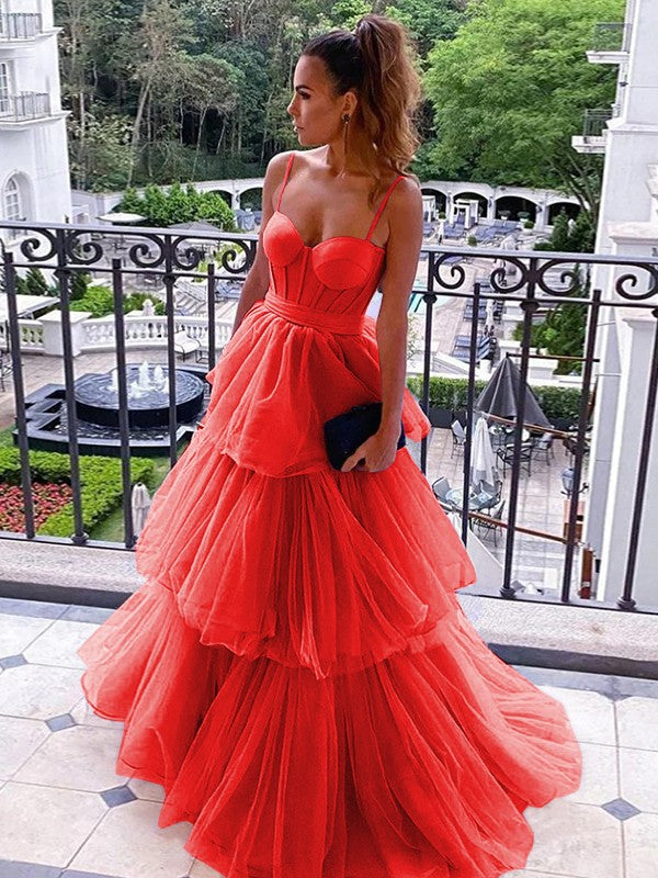 A-Line/Princess Tulle Spaghetti Straps Sleeveless Floor-Length Corset Prom Dress