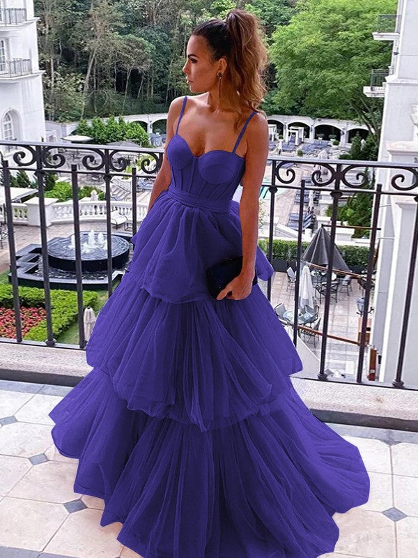 A-Line/Princess Tulle Spaghetti Straps Sleeveless Floor-Length Corset Prom Dress