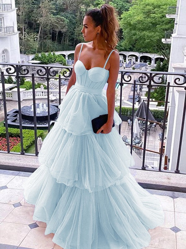 A-Line/Princess Tulle Spaghetti Straps Sleeveless Floor-Length Corset Prom Dress