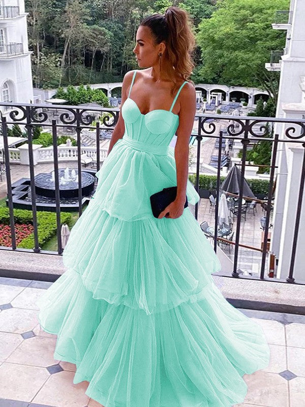 A-Line/Princess Tulle Spaghetti Straps Sleeveless Floor-Length Corset Prom Dress