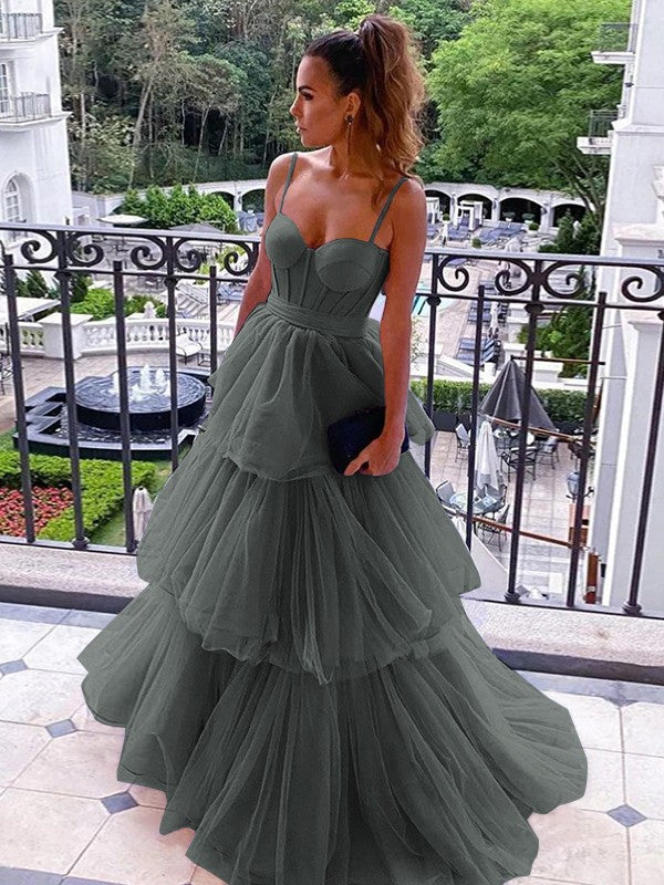 A-Line/Princess Tulle Spaghetti Straps Sleeveless Floor-Length Corset Prom Dress