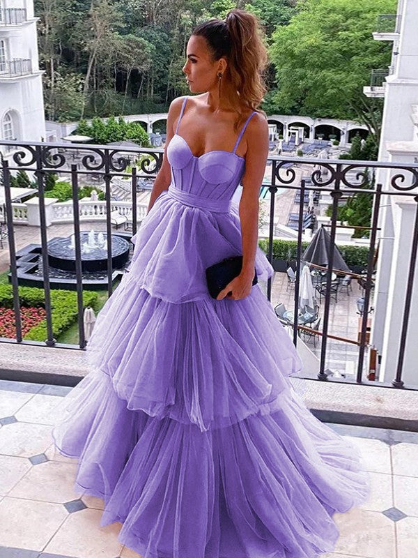 A-Line/Princess Tulle Spaghetti Straps Sleeveless Floor-Length Corset Prom Dress