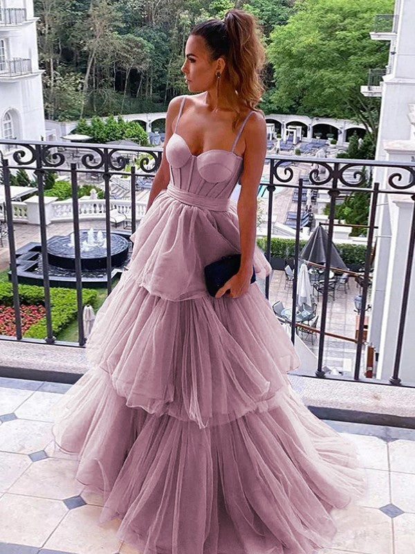A-Line/Princess Tulle Spaghetti Straps Sleeveless Floor-Length Corset Prom Dress