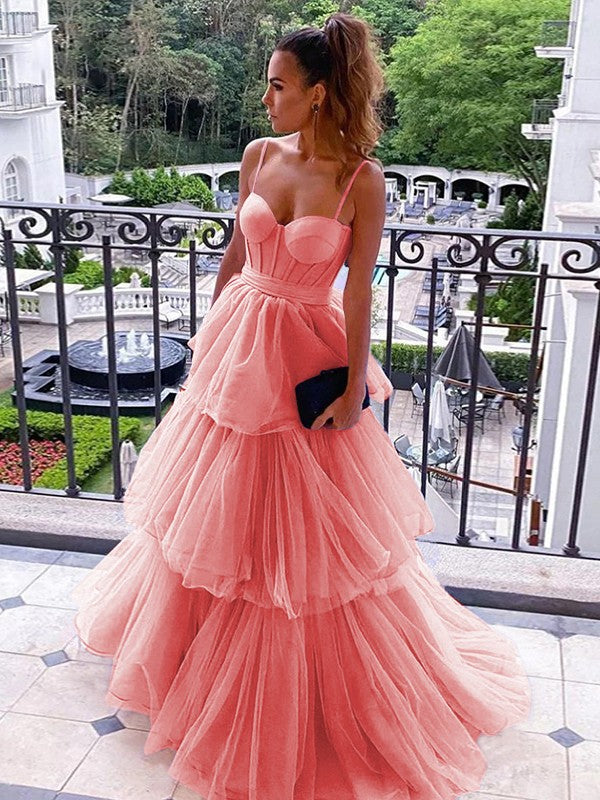 A-Line/Princess Tulle Spaghetti Straps Sleeveless Floor-Length Corset Prom Dress
